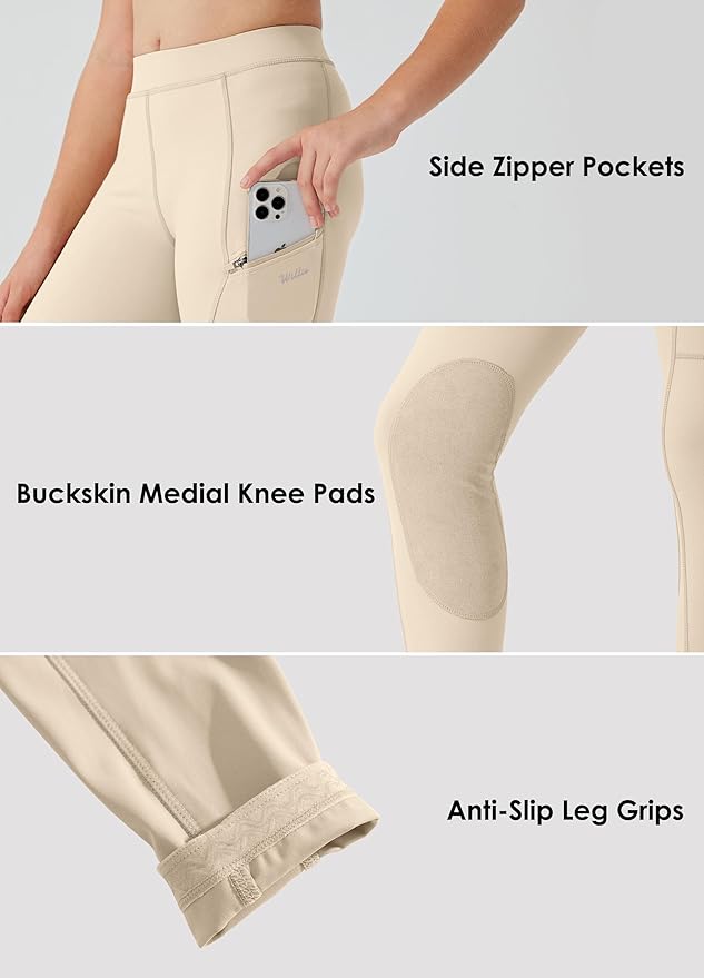 Willit Girls Horse Riding Pants Tights Kids Equestrian Breeches Knee-Patch Youth Schooling Tights Zipper Pockets