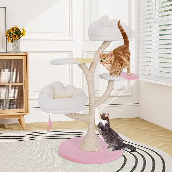 Tangkula 48.5 Inch Cute Cat Tree, Multi-Layer Cat Tower with Sisal Covered Scratching Posts, 2 Padded Perches, 2 Platforms, Ice Cream-Shaped Dangling Balls, Cat Activity Center for Indoor Cats