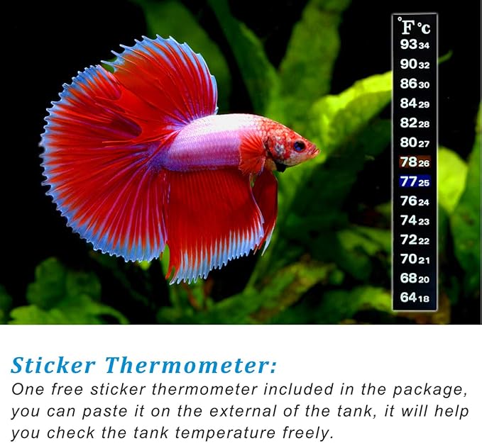 PULACO 25Watt Mini Aquarium Submersible Betta Heater with Free Thermometer Strip for 1-6 Gallon Fish Tanks (Preset Temperature 78℉)