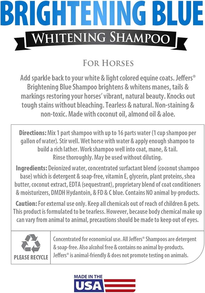 Jeffers Equine Brightening Blue Shampoo for Horses, 16 oz - Stain Remover, Coconut Oil, Aloe, Gentle Grooming, Detergent - Free, Enhances Coat Shine, Mane & Tail Care