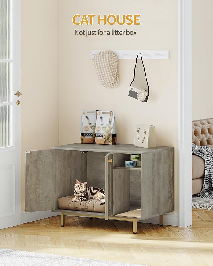 Cat Litter Box Enclosure Enclosed, Hidden Litter Box Cabinet Furniture with Storage, Wooden Indoor Cat House Large, Modern End Table for Living Room Entryway, Greige and Gold CB01505G