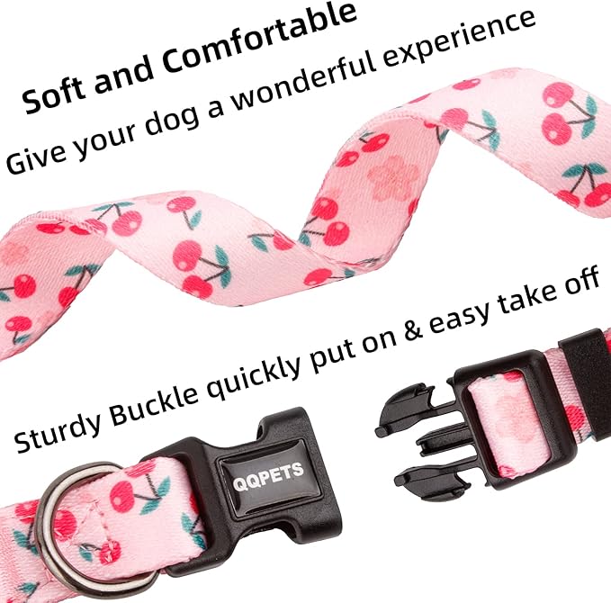 QQPETS Adjustable Soft Dog Collar: Print Flower Pink Multicolor Cute Patterns for XS Small Medium Large Pet Girl Boy Puppy Walking Running Training (L, Sakura Pink)