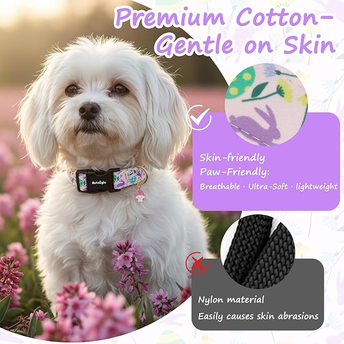 Easter Dog Collar, Spring Easter Egg Print Dog Collar with Purple Rabbit, Adjustable Cotton Puppy Collars Girl Boy Collar for Small Medium Large Dogs -XS
