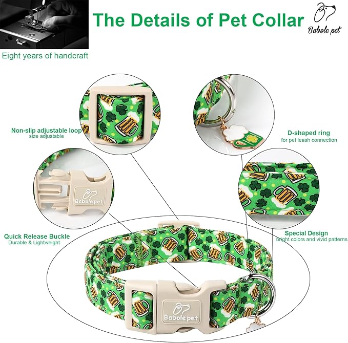 St Patricks Day Dog Collar for Small Dogs - Green Beer Shamrock Dog Collars for Boys&Girls Dogs, Adjustable Irish Clover Puppy Collar with Quick Release Buckle XS