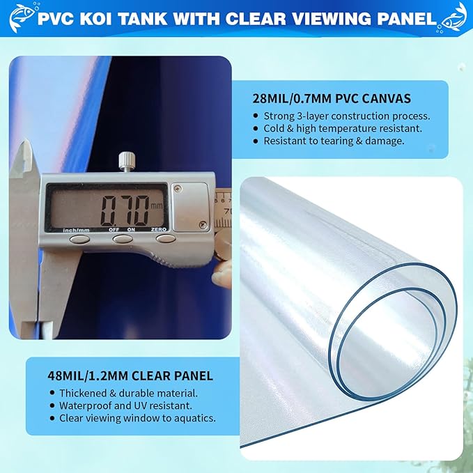 PVC KOI Aquarium Tank, Temporary Fish Tank with Clear Viewing Panel, KOI/Goldfish Pond with 304SS Frame & Drain Valve(70.9" L*39.4" W*31.5" H, About 345Gal Water Capacity)