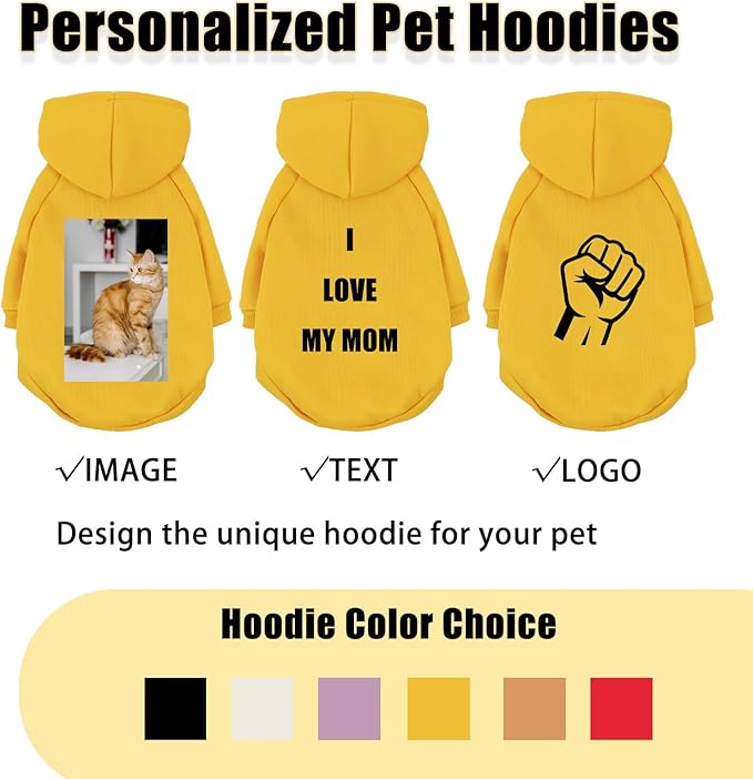 Custom Dog Hoodie, Personalized Sweatshirt with Photo Text Name Logo, Customized Hooded Sweater for Small Medium Large Dogs & Cats (Yellow, XXXX-Large)