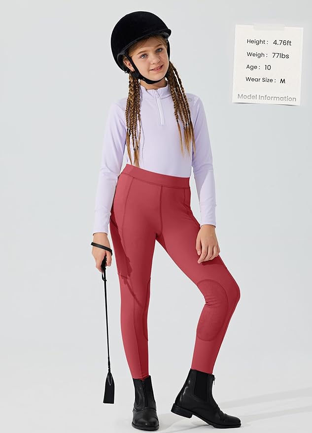 Willit Girls Horse Riding Pants Tights Kids Equestrian Breeches Knee-Patch Youth Schooling Tights Zipper Pockets