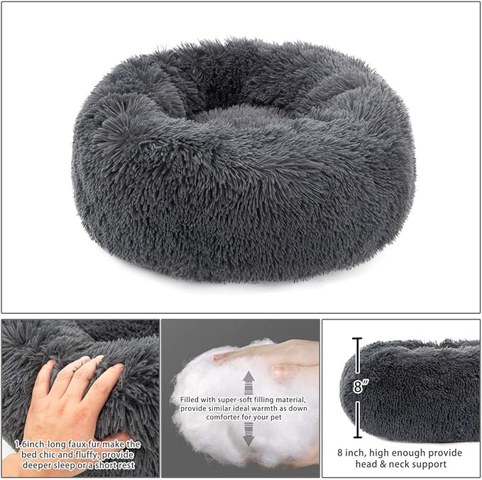 Calming Cat Bed, Soft Round Cuddler Dog Beds Fluffy Plush Faux Fur Pet Beds, Anit-Anxiety Self-Warming Comfy (20", Dark Grey)