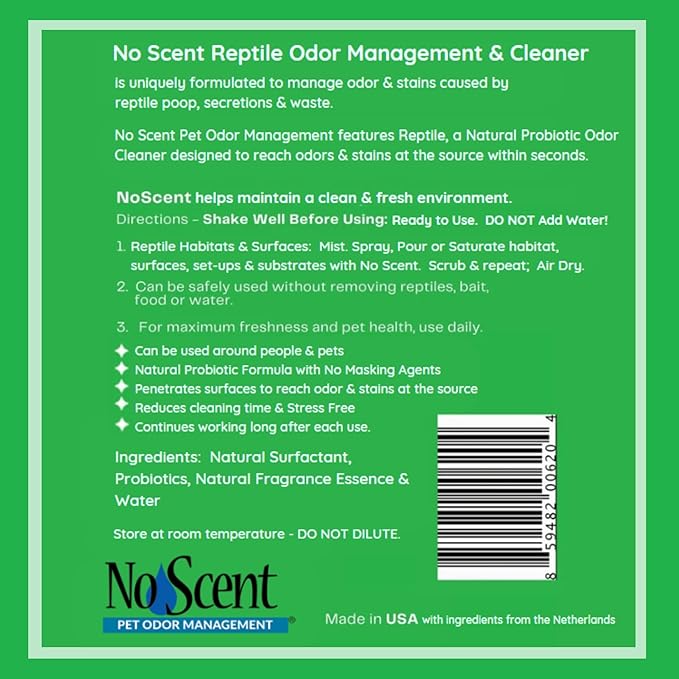 No Scent Reptile Tank Cleaner Spray & Pet Odor Management for Bearded Dragon, Turtle, Lizard Terrarium Freshener (2 Fl Oz / 59 mL)