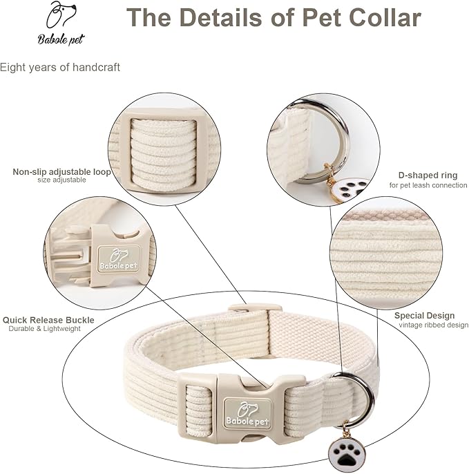 Cute Corduroy Dog Collar - White Adjustable Dog Collars for X-Small Dogs 4-10lbs, Fade-Proof with Secure Snap & Little Charm, Christmas Birthday Gift, XS