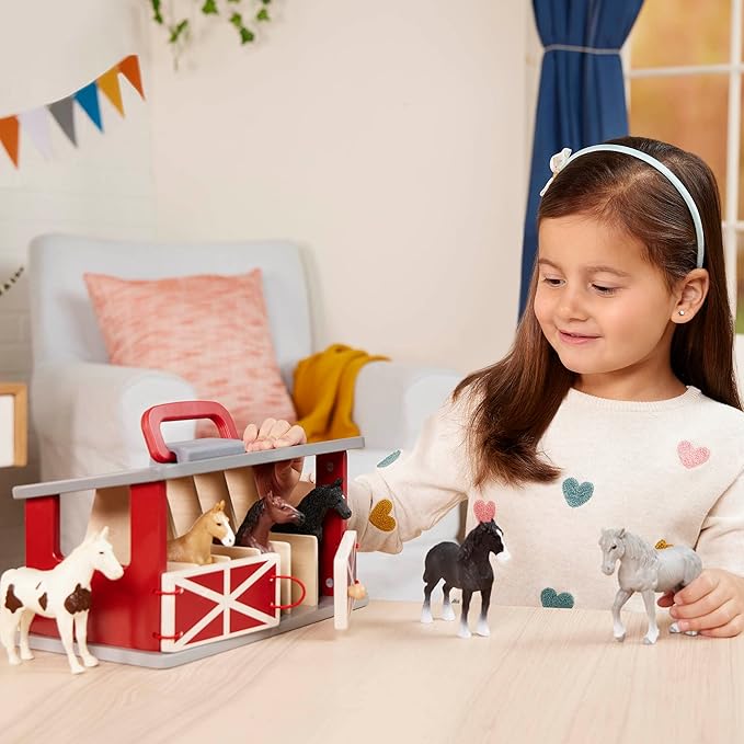 Terra by Battat – Wooden Farm Playset with 6 Toy Horses & Detailed Barn, Portable Equestrian Stable for Imaginative Play, Durable Farm Animal Figurines & Carry Handle, Playset for Toddlers 3+ Years