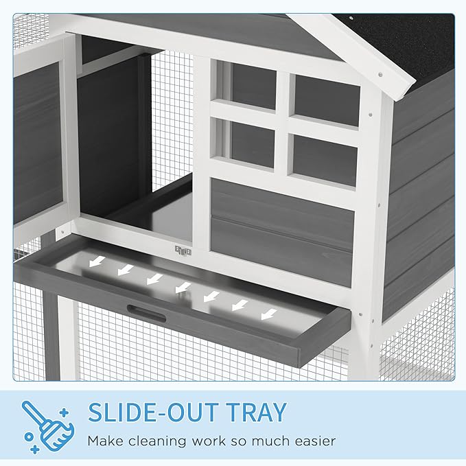 PawHut 48" Wooden Rabbit Hutch Bunny Cage with Waterproof Asphalt Roof, Fun Outdoor Run, Removable Tray and Ramp, Grey