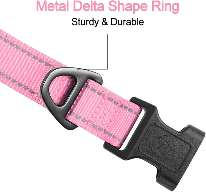 Joytale Reflective Dog Collar, Soft Neoprene Padded, Metal D-Ring, Nylon Pet Collar Adjustable for Large Dogs, Pink, L