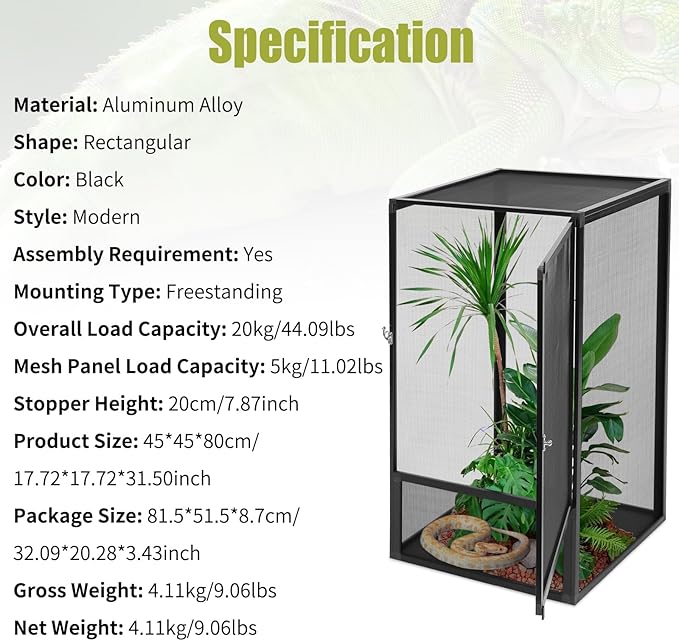 Terrarium,Reptile Cage, Chameleon Enclosure, Reptile Enclosure- 17.72" L×17.72" W×31.50" H,Snake Cage with Escape-Proof Lock, for Lizards/Snakes/Spiders, Portable Habitat for Indoor/Outdoor Use