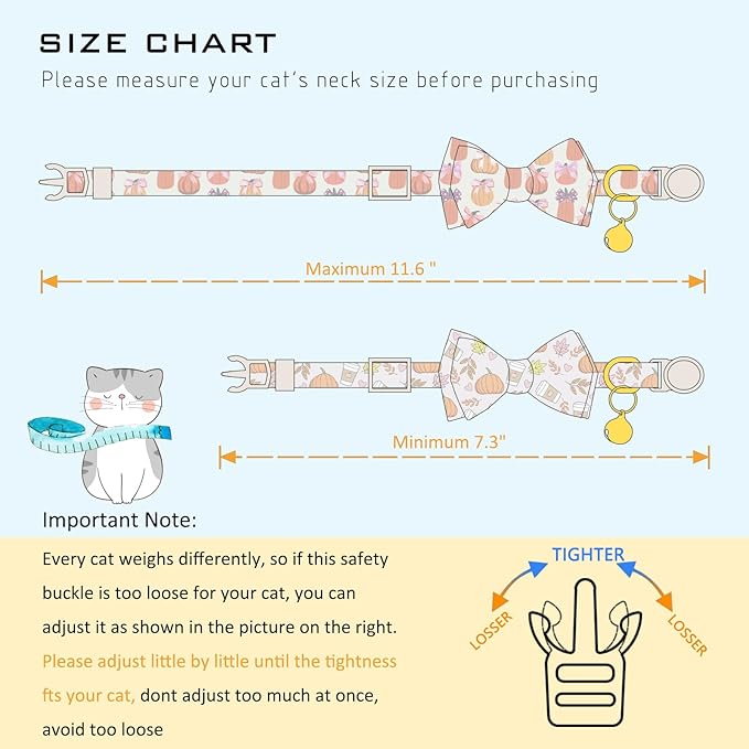 Faygarsle 2 Pack Fall Pumpkin Cat Collar with Bow Tie and Bell, Breakaway Safety Buckle, Pink and White