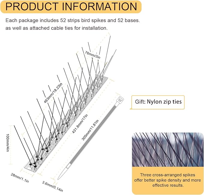 OFFO Bird Spikes with Stainless Steel Base, Covers 73.7 Feet(22.5m) Durable Bird Spikes Arrow Pigeon Spikes Fence Kit for Keeping Small Bird, Crows and Woodpeckers Away