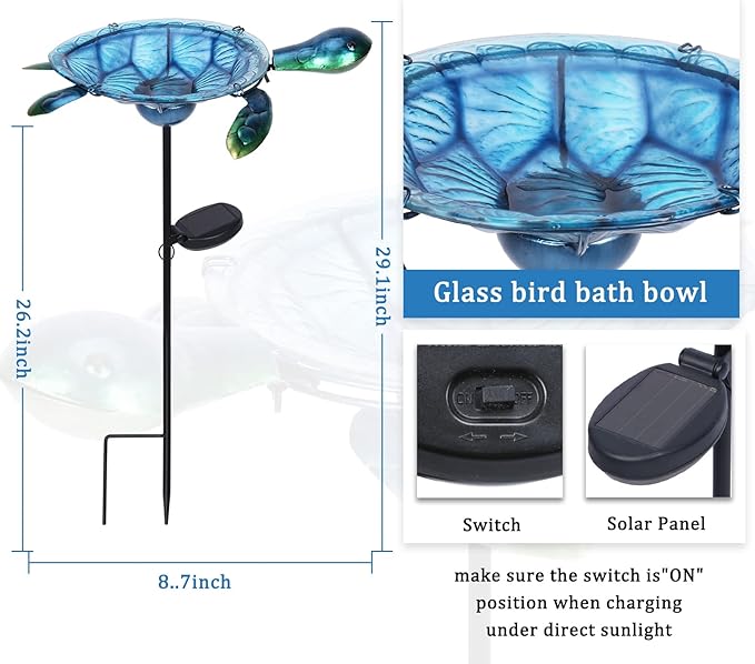 MUMTOP Outdoor Bird Bath Solar Birdbath Small Birdfeeder with Turtle Metal Stake for Garden Yard Outside Decor