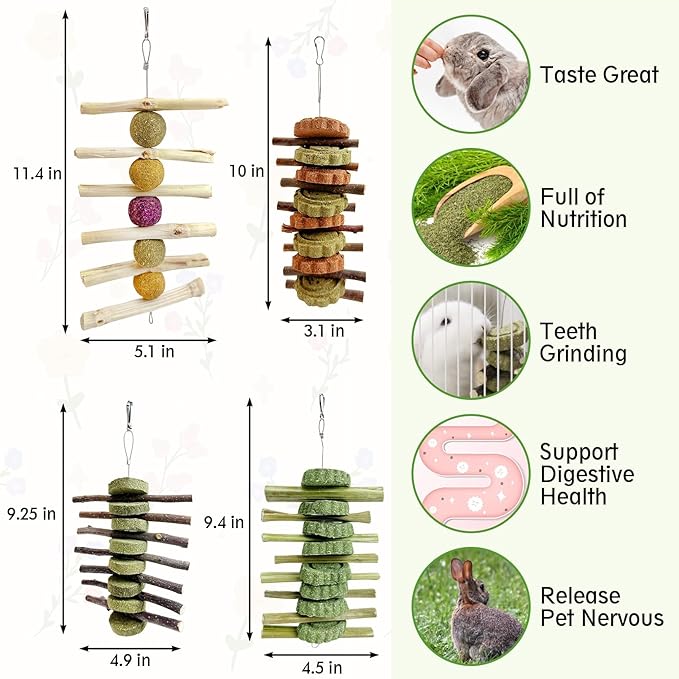 Hamiledyi 4PCS Bunny Chew Toys Rabbit Toys for Teeth Grinding Natural Fruit Sticks Timothy Grass Small Animal Chew Toys and Treats for Guinea Pig Hamster Chinchilla Squirrel