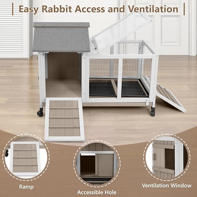 38''L Rabbit Hutch Outdoor with Wheels, Wooden Expandable 2 Story Bunny House Rabbit Cage Indoor with Run, Pull Out Tray, Waterproof Roof, Guinea Pig Cage Chicken Coop for Small to Medium Pets