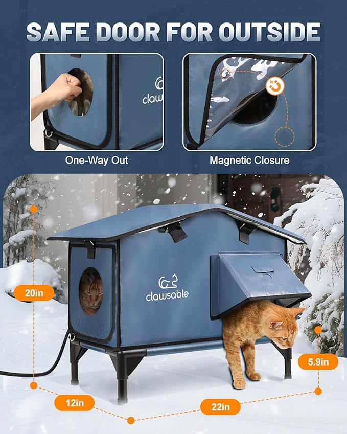 Upgraded Heated Cat House for Outside Escape Door, Highly Insulated Heated Outdoor Cat House Waterproof Awning, Weatherproof Outdoor Feral Cat Shelter for Stray Winter