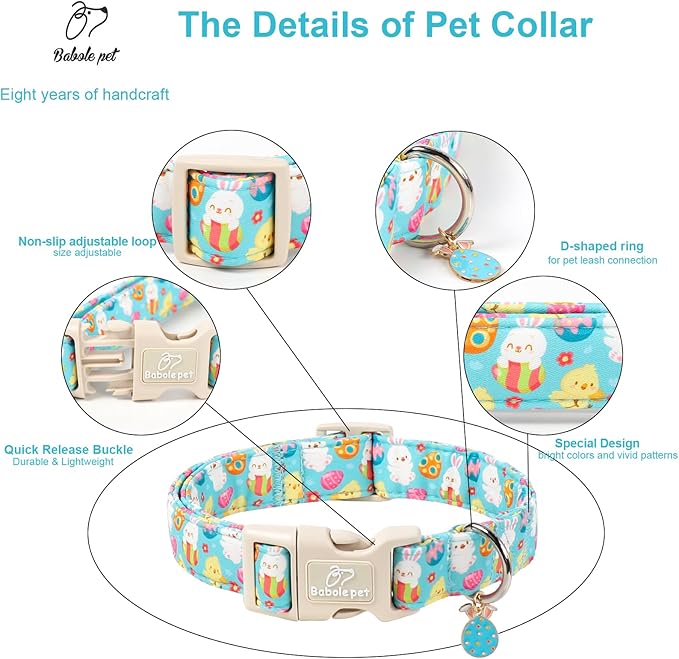 Easter Dog Collar for Small Dogs - Cute Easter Egg Hunt Dog Collars for Boy Girl Dogs, Playful Bunny & Chick Print, Lightweight Adjustable Spring Holiday Dog Collar S