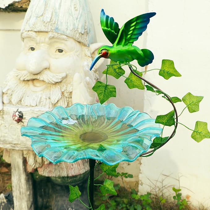 MUMTOP Bird Baths for Outdoors, 2 Pack Glass Bird Bath Stake, Hummingbird and Fairy Birdbaths & Support with Leafs, Bee Baths for Garden, Outside, Lawn, Outdoor Decor (Blue,Pink)