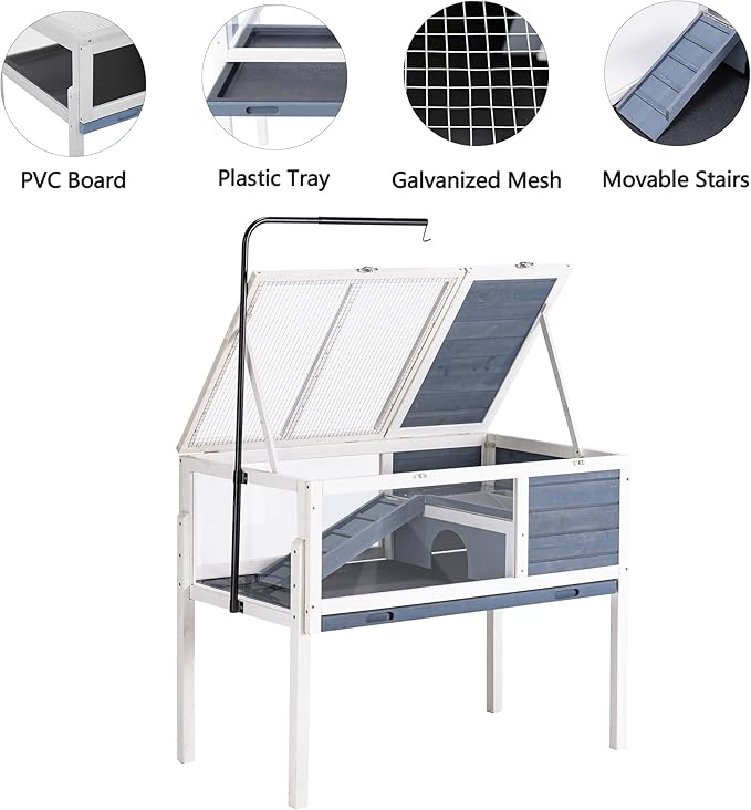 BIRASIL Wood Tortoise Enclosure with Adjustable Light Stand,2-Tier Habitat Reptile Cage with Swimming Area Feeding Area, Tortoises House for Small Animals Lizards Hamster (Gray/White)
