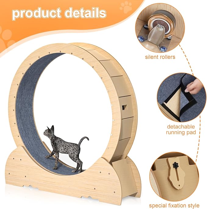 Cat Wheel, 46 Inch Cat Exercise Wheel for Indoor Cats, Silent Wooden Cats Treadmill with Stable Base and Anti-Scratch Liner