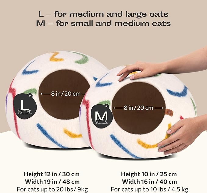 MEOWFIA Cat Cave – Premium Felt Cat Bed for Indoor Cats, Handmade 100% Merino Wool (Medium, Ivory Rainbow)