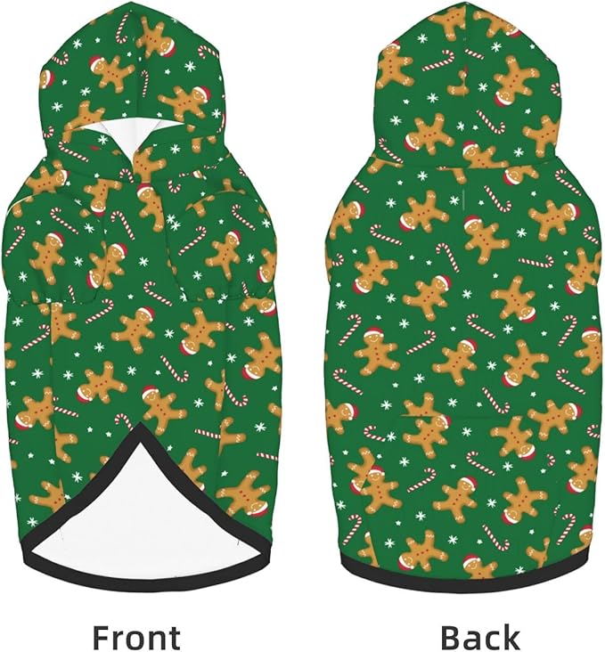 Green Christmas Gingerbread Men Candies Hoodie,Christmas Cosplay Dog Clothes with Pocket and Hat Winter Clothes Sweaters Large