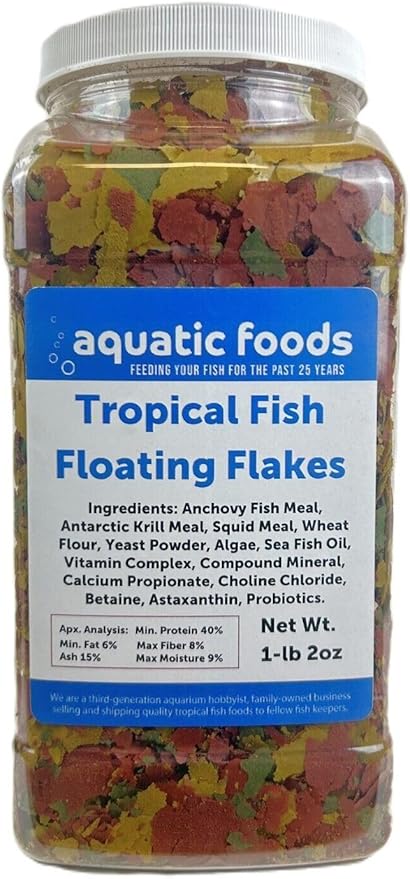 Aquatic Foods Inc. Tropical Fish Flakes, Mix of Krill, Color Enhancing, Spirulina Flakes for Cichlids, Angels, Live Bearers, Tetras, Guppies, All Tropical Fish...WL 1-lb 2oz Lg Jar