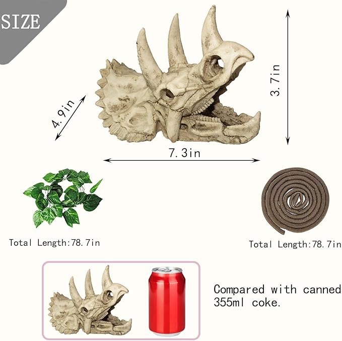 Tfwadmx Bearded Dragon Tank Accessories Resin Dinosaur Triceratops Skull Skeleton Reptiles Hideouts Cave Vines Leaves Aquarium Decorations for Lizards,Chameleon,Snake,Spider,Gecko