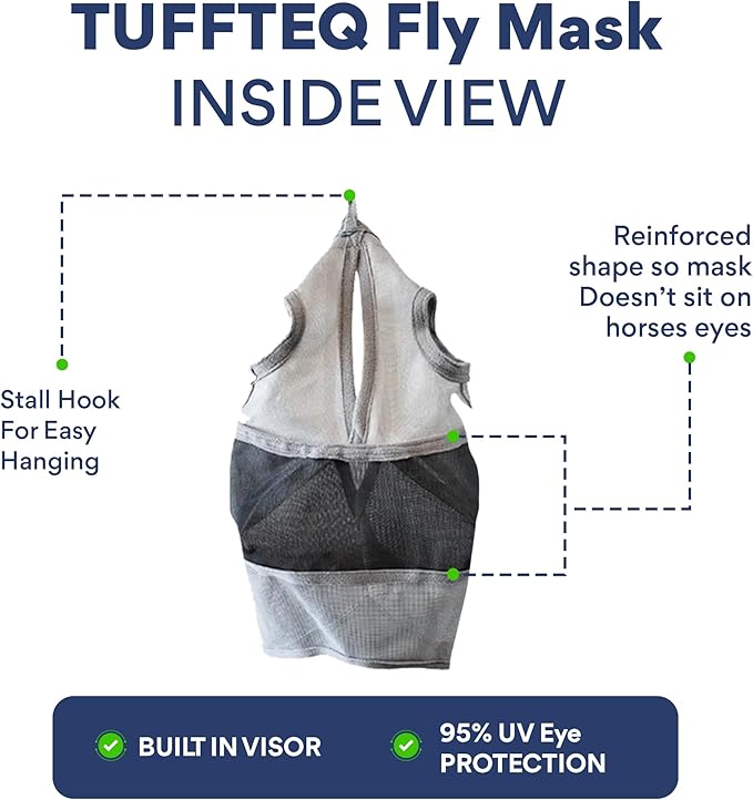 Horse Fly Mask Without Ears - 95% UV Eye Protection - Built-in Visor - Breathable, Lightweight Mask - Adjustable Fit for Horses Medium/Large Size