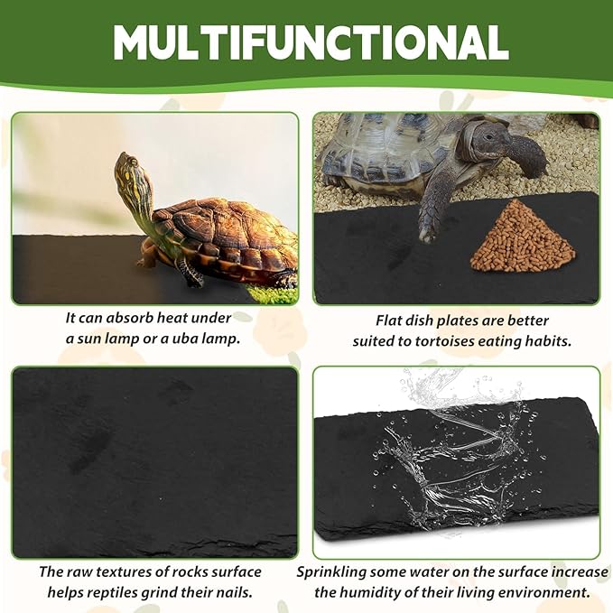 kathson 2 PCS Reptile Basking Platform (15.7 x 11.8 inches), Natural Rock Plate Turtle Food Bowl Feeding Dish Resting Terrace Habitat Decor for Tortoise Turtle Lizard Bearded Dragon Crested Gecko