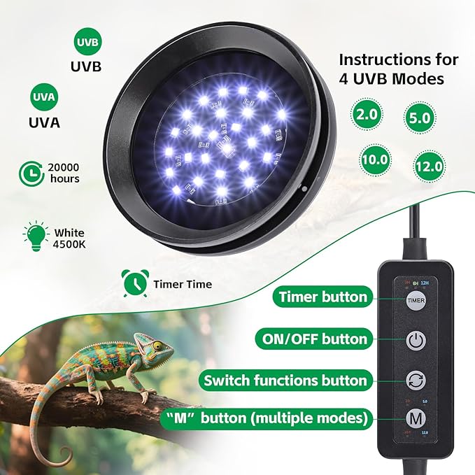 UVB Light for Reptiles with Dimming UVA UVB Reptile Light Fixture with Timer LED UVB Bulb for Bearded Dragon Gecko Turtle Chameleon Lizard Snake Adjustable Brightness Reptile Tank Accessories 8W Black