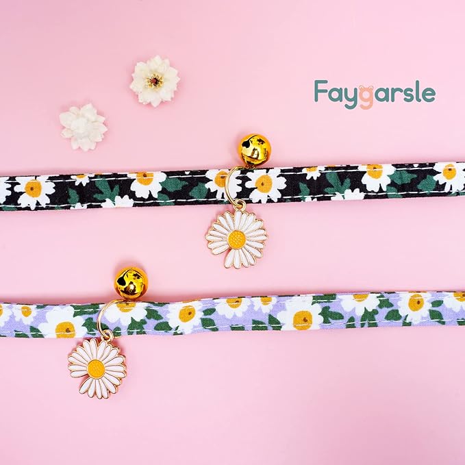 2 Pack Cotton Breakaway Cat Collars with Bell Daisy Pendant Kitty Kitten Collars Black Blue Collar for Female Girl Cats Male Boy Cats