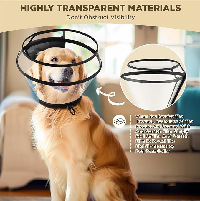 Dog Cone Collar for After Surgery,Transparent Dog Cones Alternative for Small Large Medium Size Dogs,Adjustable Depth Pet Recovery Collars,Elizabethan Collar for Dogs Stop Licking Wound(S)