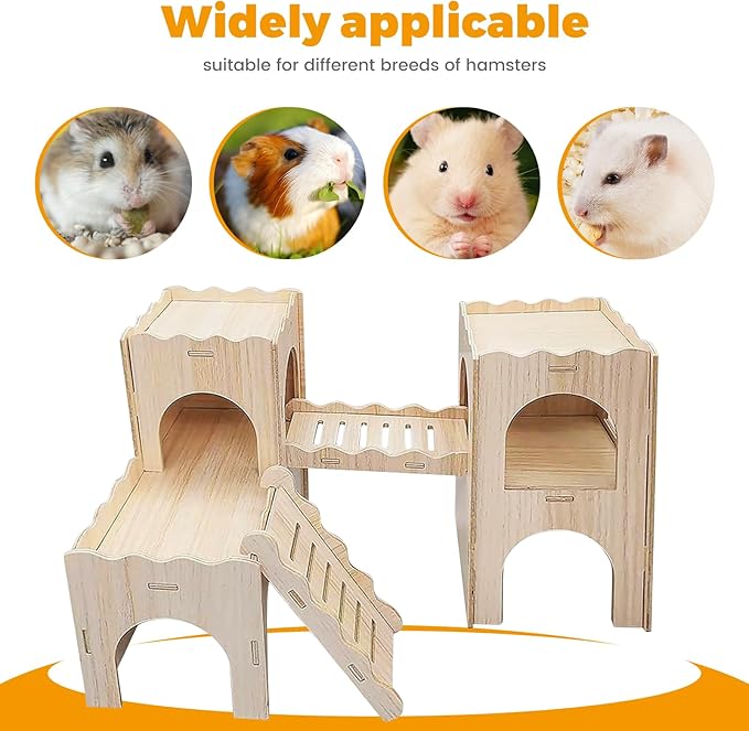 Wooden Dwarf Hamster House, Hamster Tiny House Hideout, Hamster Maze House, Large Balcony Lookout Holes, Easy to Assemble, Detachable Parts, Secure Hideaway, A