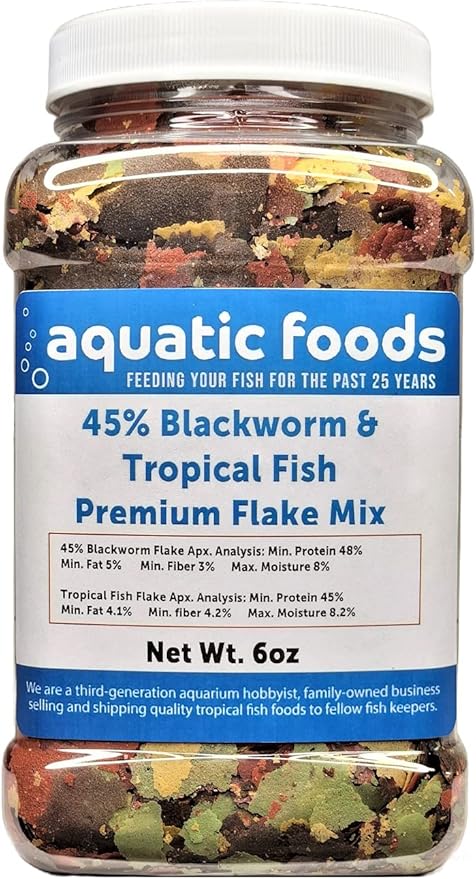 Aquatic Foods Inc. 45% Blackworm & Tropical Fish Flakes for Cichlids, Discus, for All Community Tropical Fish. Aquatic Foods Flakes…6oz Med Jar