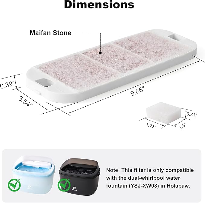 6 Pack Dog Water Fountain Filters, Filter Replacement for HOLAPAW 2.1Gal/8L Dog Water Bowl Dispenser, 6 Filters + 6 Sponges