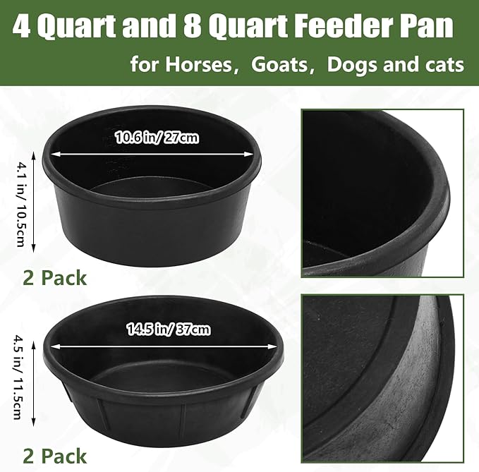 Sadnyy 4 Pcs Rubber Feed Pan 4 Quart and 8 Quart Feed Pan Water Trough Rubber Bowl Bath Dust Container for Chicken Duck Pig Dogs Cats Goats Horses Outdoor Livestock Animal