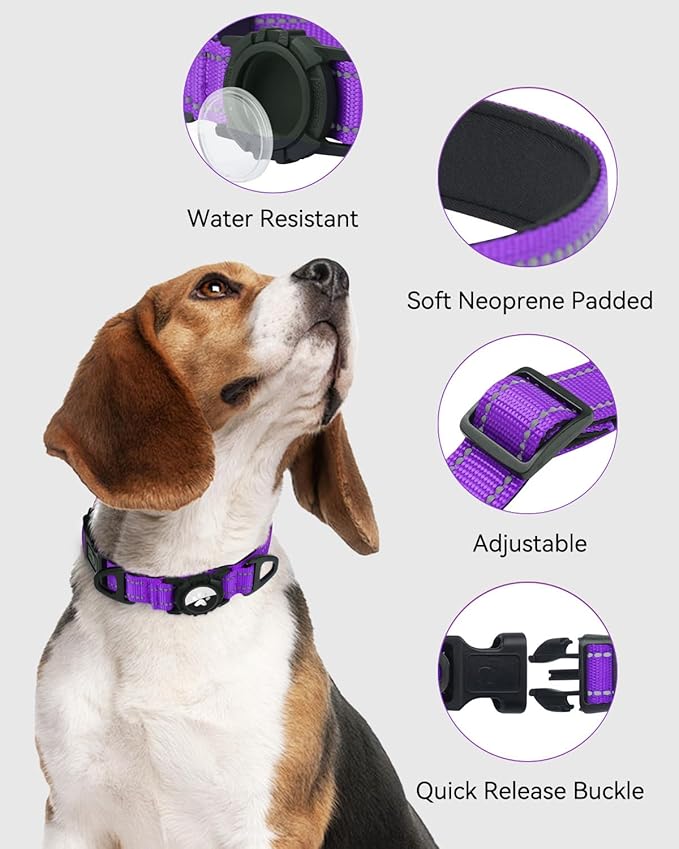 Joytale Airtag Dog Collar, Reflective Pet Collar with Waterproof AirTag Holder, Dual D-Rings, Soft Padded Adjustable for Large Dogs, Purple, L