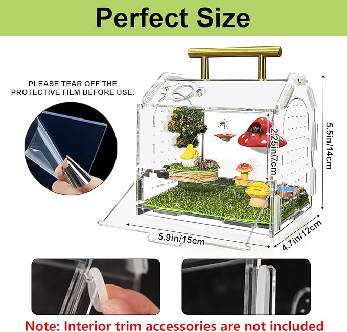 Jumping Spider Enclosure, 5.9" X 4.7" X 5.5" Acrylic Spider Habitat, Front Opening Reptile Terrarium with Matrix Ventilation Holes & Feeding Holes, for Hermit Crab Tarantula Mantises Beetles