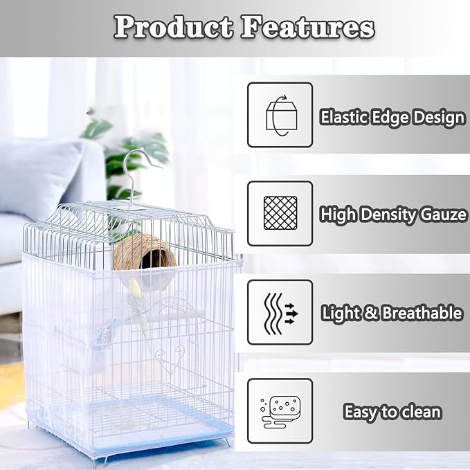Adjustable Bird Cage Netting - Seed Catcher Guard Net Cover Skirt for Parrot, Parakeet, Macaw - Round & Square Cages - White