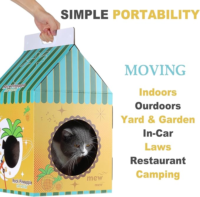 Cardboard Cat House with Scratcher - Yellow Pineapple CartonMilk Box -13''L x 13''W x 22.5''H for Cats up to 16 Lbs - Portable Handle for Easy Transportation -Indoor Cat Playhouse & Hideaway