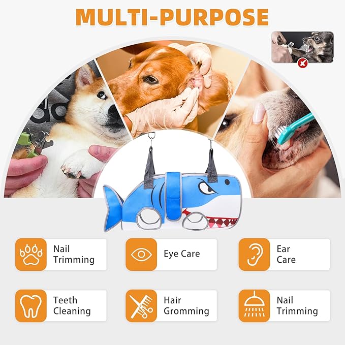 Dog Grooming Hammock for Small Dogs Cats, Cute Shark Design Dog Hanging Harness for Nail Trimming/Clipping, Pet Sling with Grooming Kit and Thick Neck Support & Strap Restraint Claw Care, S