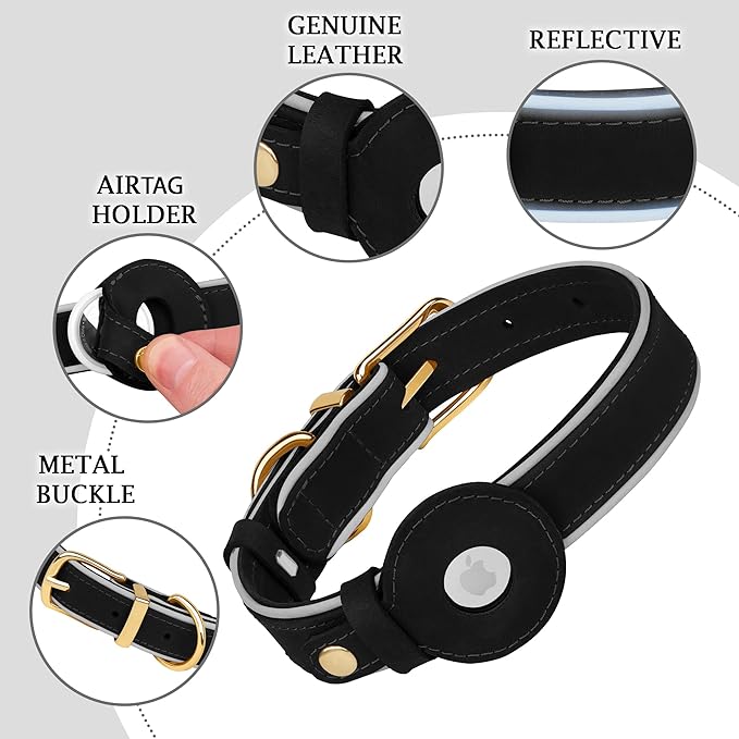 OOPSDOGGY Reflective Geniune Leather Airtag Dog Collar Soft Padded Collars for Small Medium Large Breed Dogs Puppy, 4 Sizes, 7 Colors (Black, Large, 15"-19")