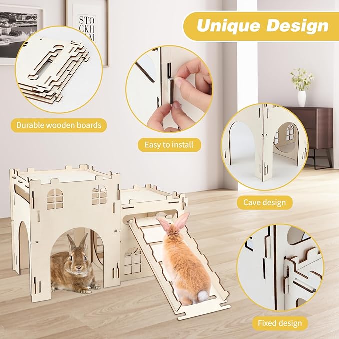 BWOGUE Extra Large Wooden Bunny Castle Hideout Split Balcony for Indoor Bunnies, Multistory Climbing Tower Hideout with Stairs, Ventilated Sturdy House for Rabbits Guinea Pigs and Chinchillas