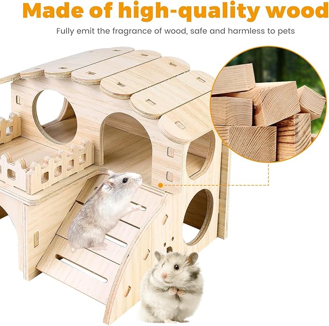 Wooden Dwarf Hamster House, Hamster Tiny House Hideout, Hamster Maze House, Large Balcony Lookout Holes, Easy to Assemble, Detachable Parts, Secure Hideaway, D