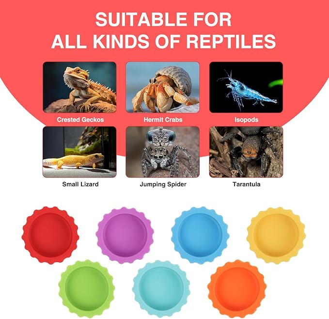 LOGJAM 21 Pack Crested Gecko Food and Water Dish, Silicone Reptile Food Bowl, Gecko Tank Accessories for Hermit Crab, Tarantula, Isopods and Lizard, 7 Colors